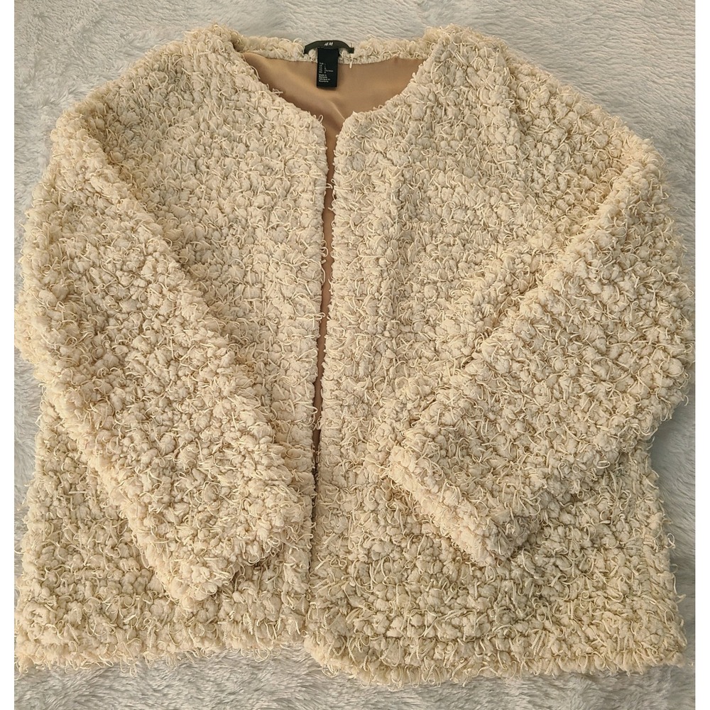 H&M Cream Ivory Popcorn Shaggy Loop Knit Open Front Cardigan Jacket Womens L - Picture 3 of 6